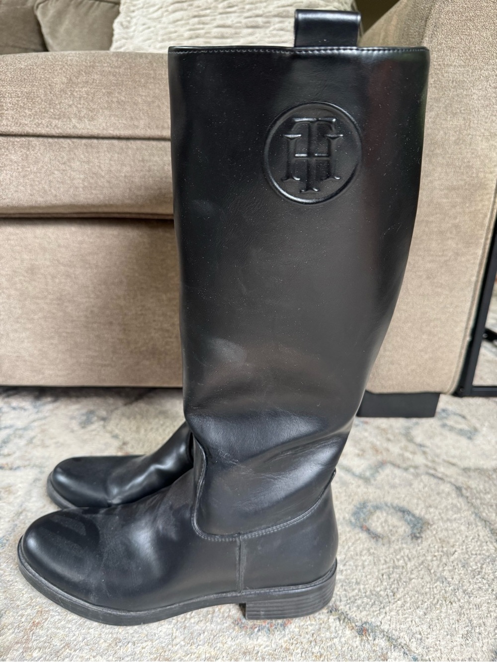 Tommy Hilfinger Tall Black Leather Riding Boots with Embossed Logo